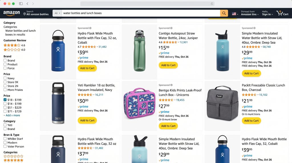 Amazon search results page showing sponsored product listings with visible labels