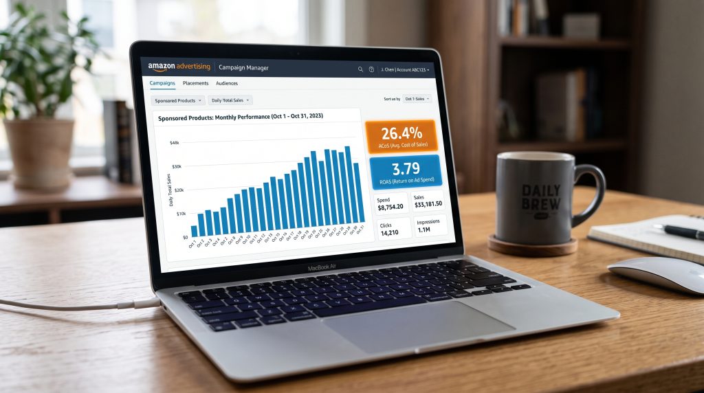 Laptop screen displaying Amazon advertising dashboard with ACoS and ROAS performance metrics