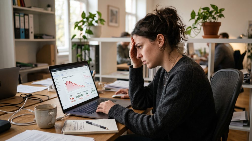 Person looking stressed while viewing declining ad performance graphs on a computer screen