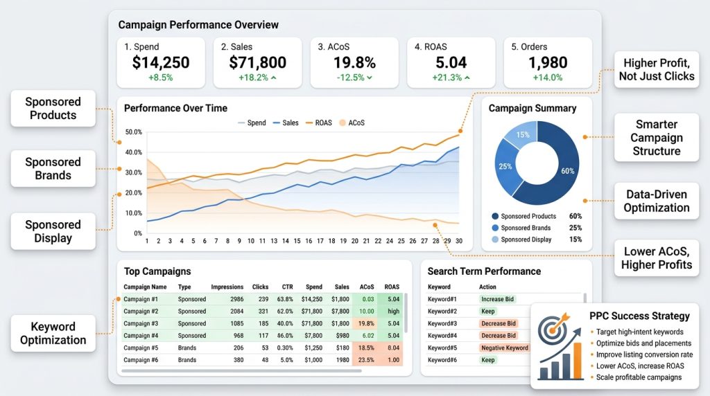 Amazon PPC ads dashboard showing campaign spend, sales, ACoS and ROAS trends now