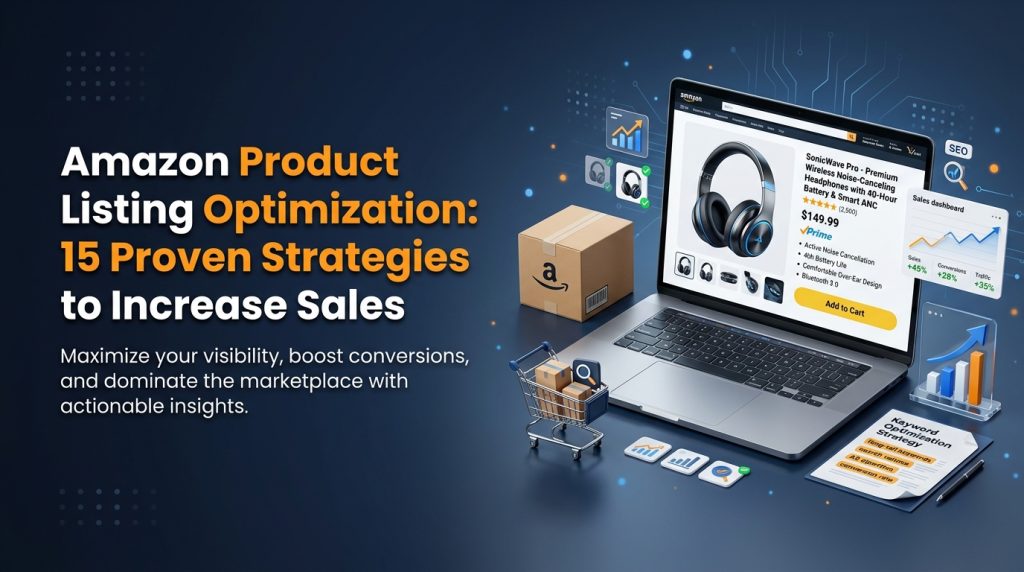 Amazon product listing optimization hero banner with 15 proven sales strategies.