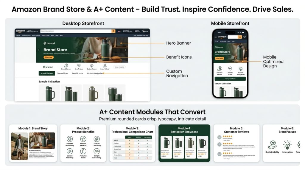 Amazon Brand Store and A Plus Content design shown for both desktops and mobiles