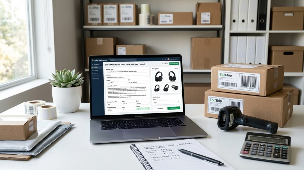 eCommerce product listing dashboard with inventory and shipping tools
