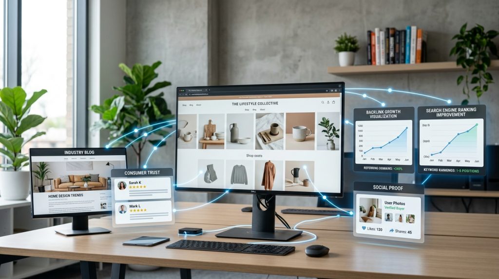 Shopify SEO checklist steps showing backlink growth, reviews, and rankings gains
