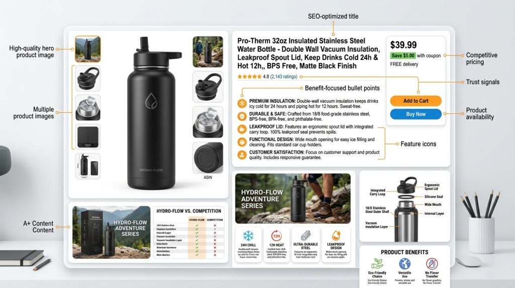Infographic showing an optimized Amazon product listing page with SEO title copy