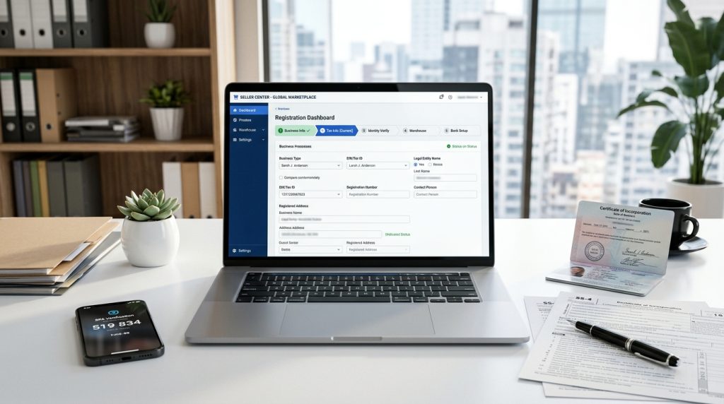 eCommerce seller registration setup on a laptop with business documents