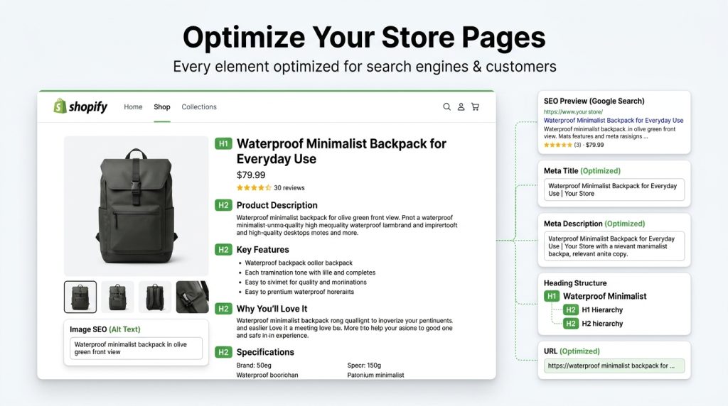 Shopify SEO checklist product page optimized with H1 tags, meta title, and desc.