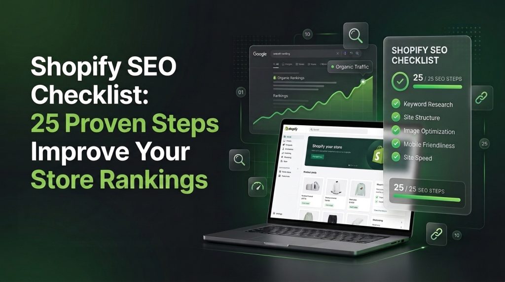 Shopify SEO checklist infographic showing 25 proven steps to boost rankings fast