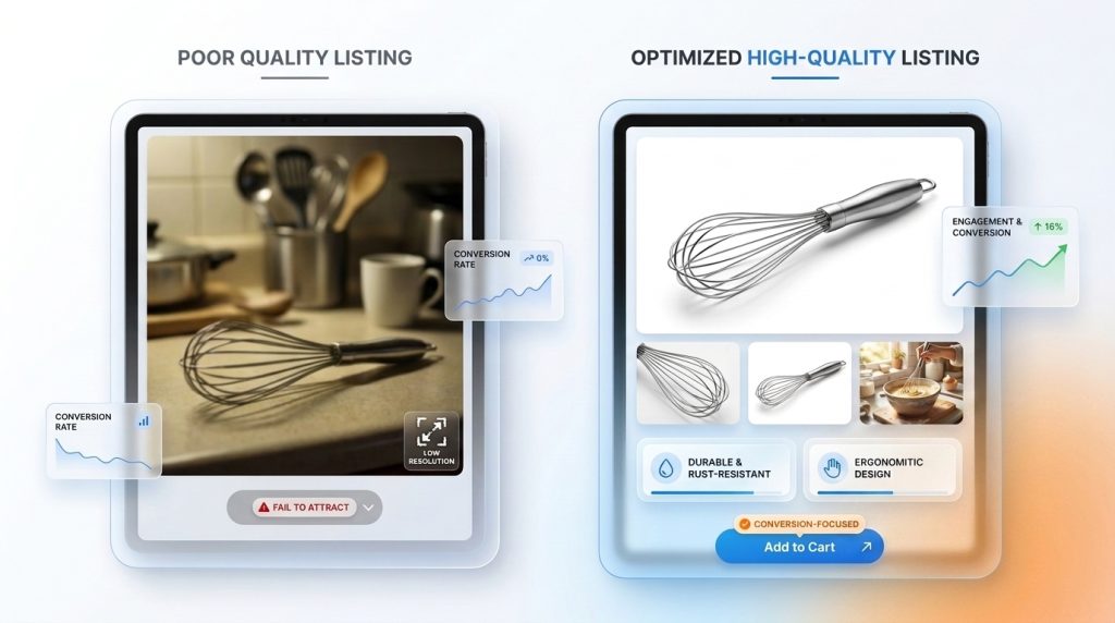 Poor vs optimized high-quality product images for an Amazon product listing page